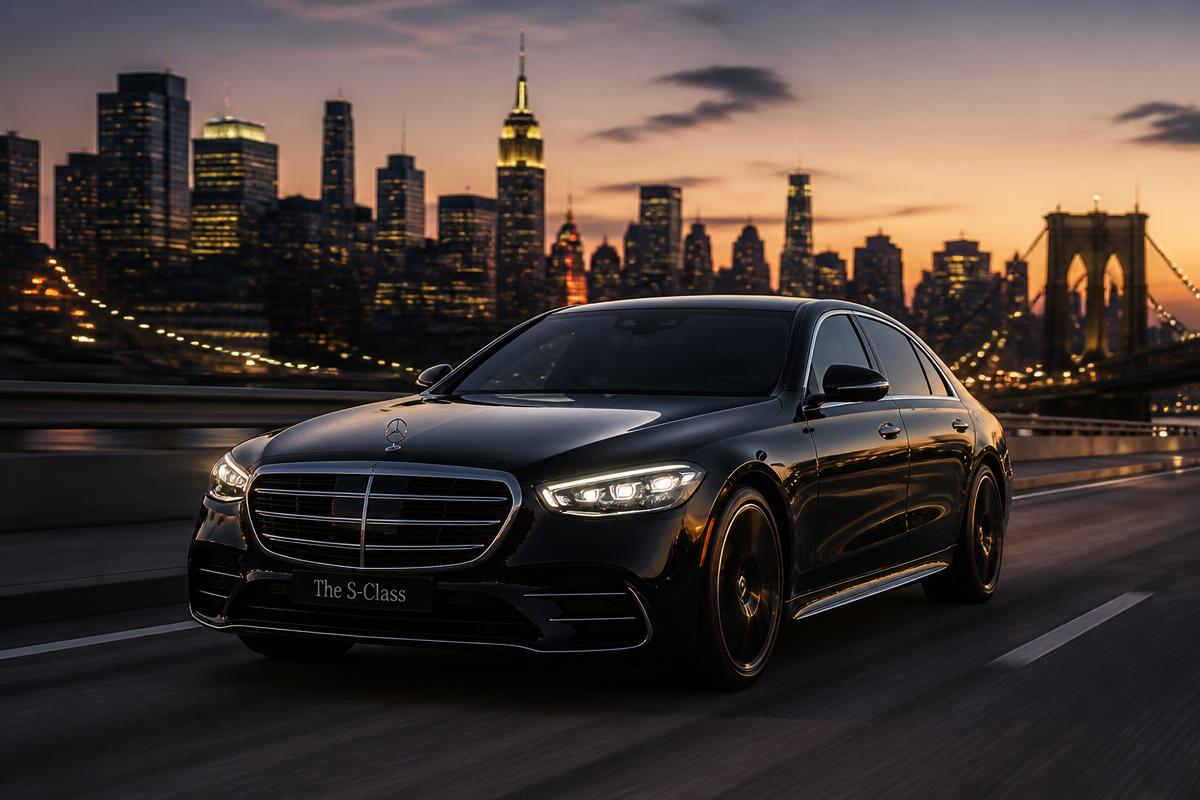 Black 2026 Mercedes-Benz S-Class sedan on a New York City highway at dusk with the Manhattan skyline behind it