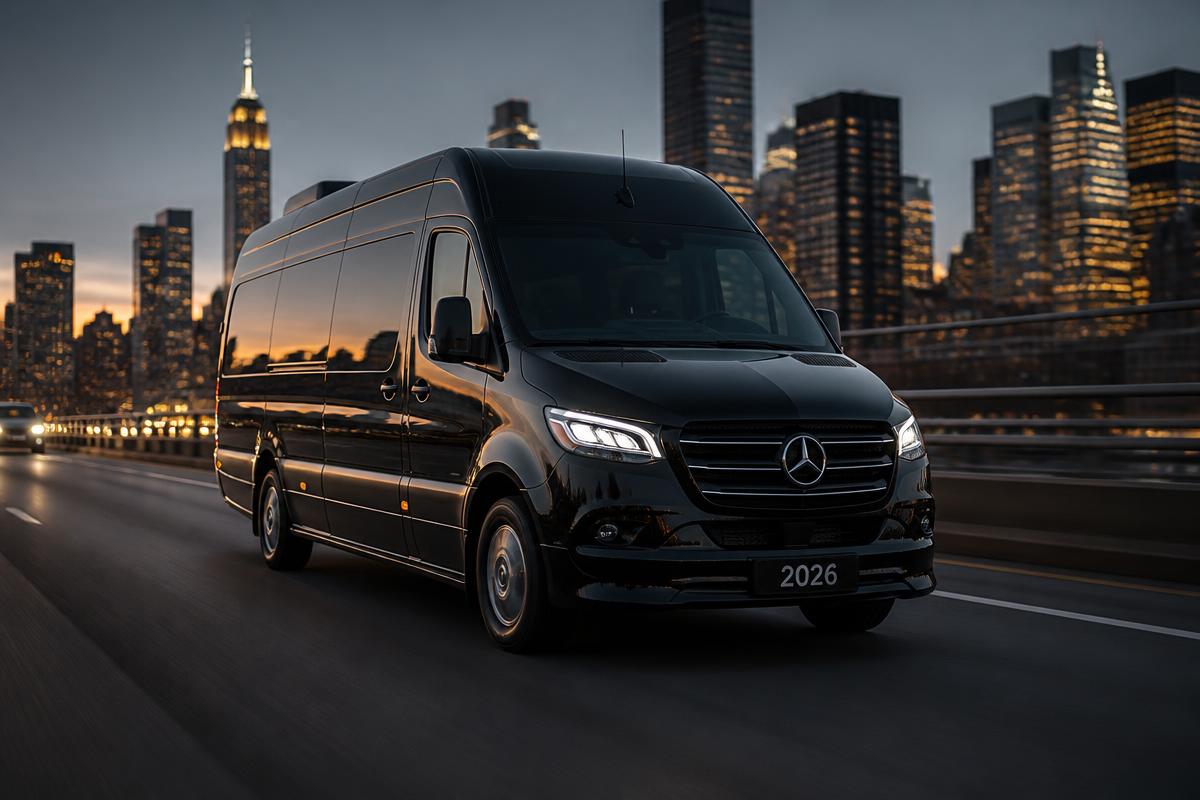 Black 2026 Mercedes-Benz Sprinter executive van on a New York City highway with the Manhattan skyline behind it
