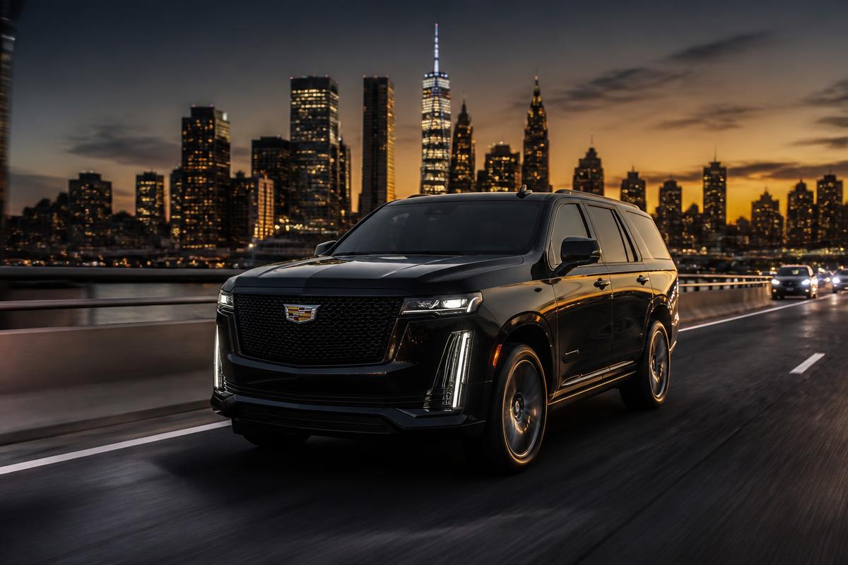 Black 2026 Cadillac Escalade SUV driving on a New York City highway with the Manhattan skyline behind it