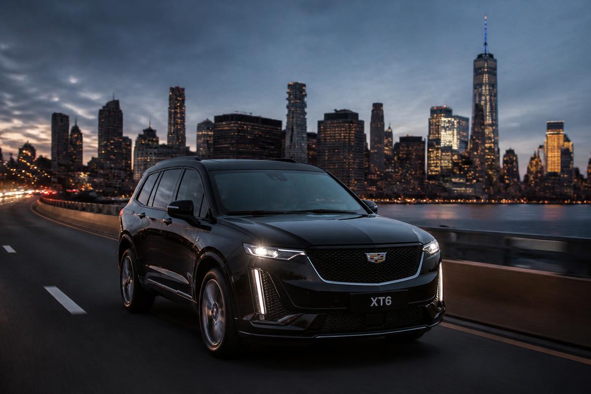 Black 2026 Cadillac XT6 luxury crossover SUV driving on a New York City highway at dusk with the Manhattan skyline behind it